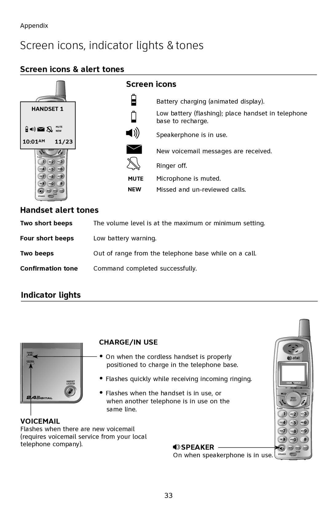 AT&T E2901 Screen icons, indicator lights & tones, Screen icons & alert tones, Handset alert tones, Indicator lights 